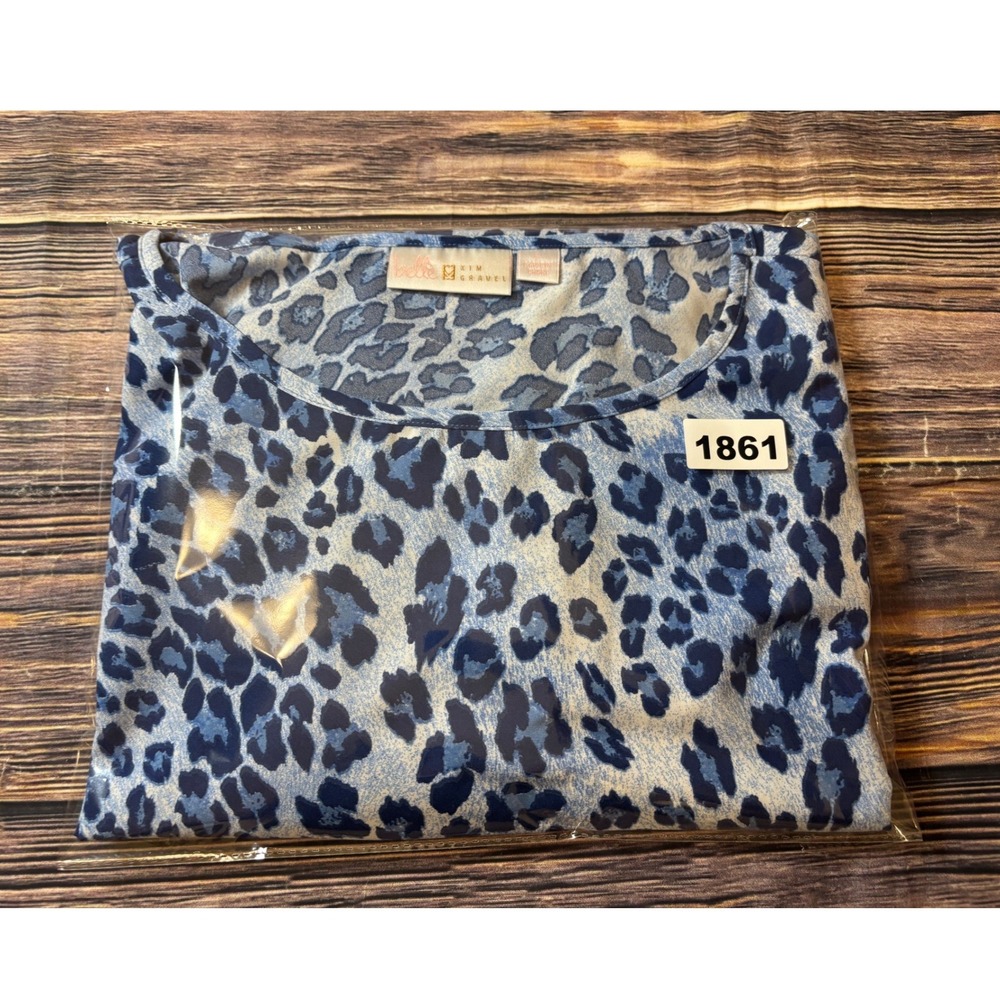 Belle by Kim Gravel Womens Blouse L Blue Leopard Print Ruffle Bell Sleeve Top - Picture 11 of 11
